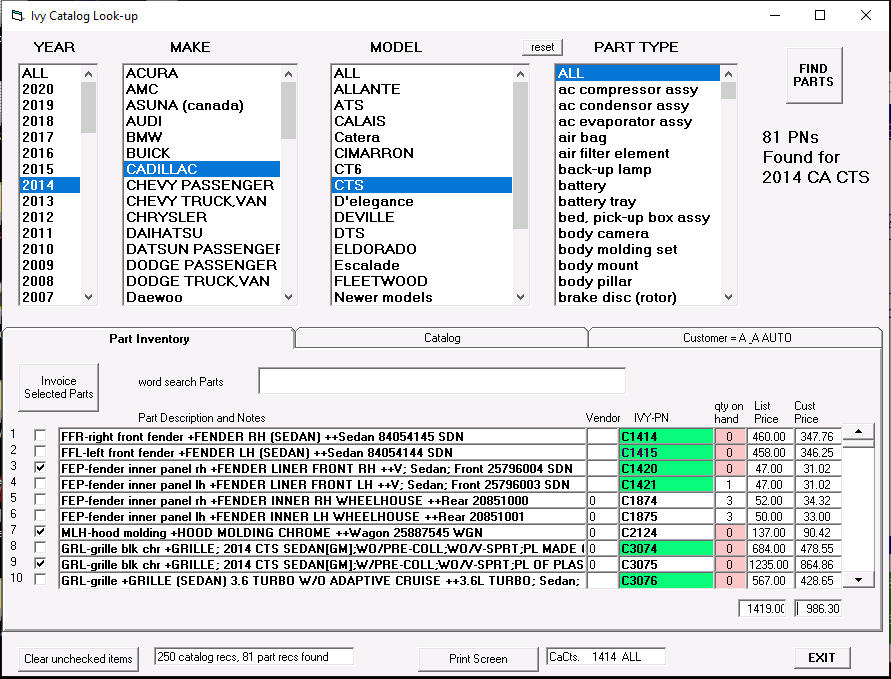 IVY Look-Up screen with ListBox menus