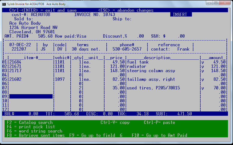 screen shot #1 of salvage parts invoice screen