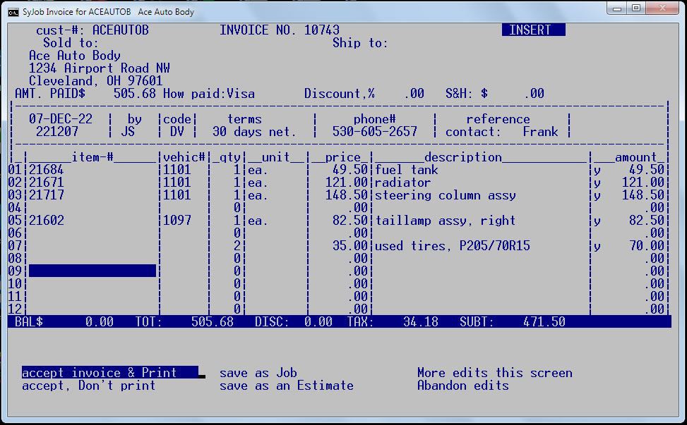 screen shot of salvage parts invoice screen options upon closing