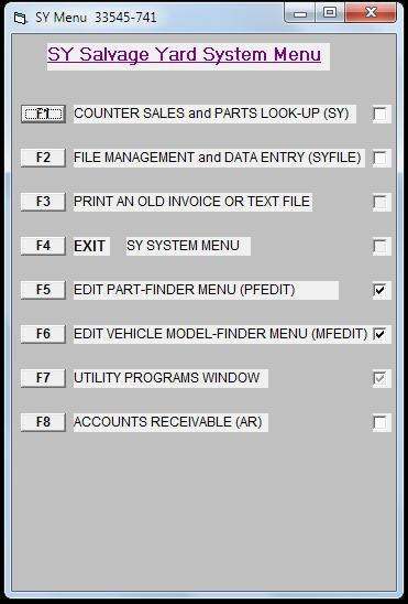 salvage yard software main menu
