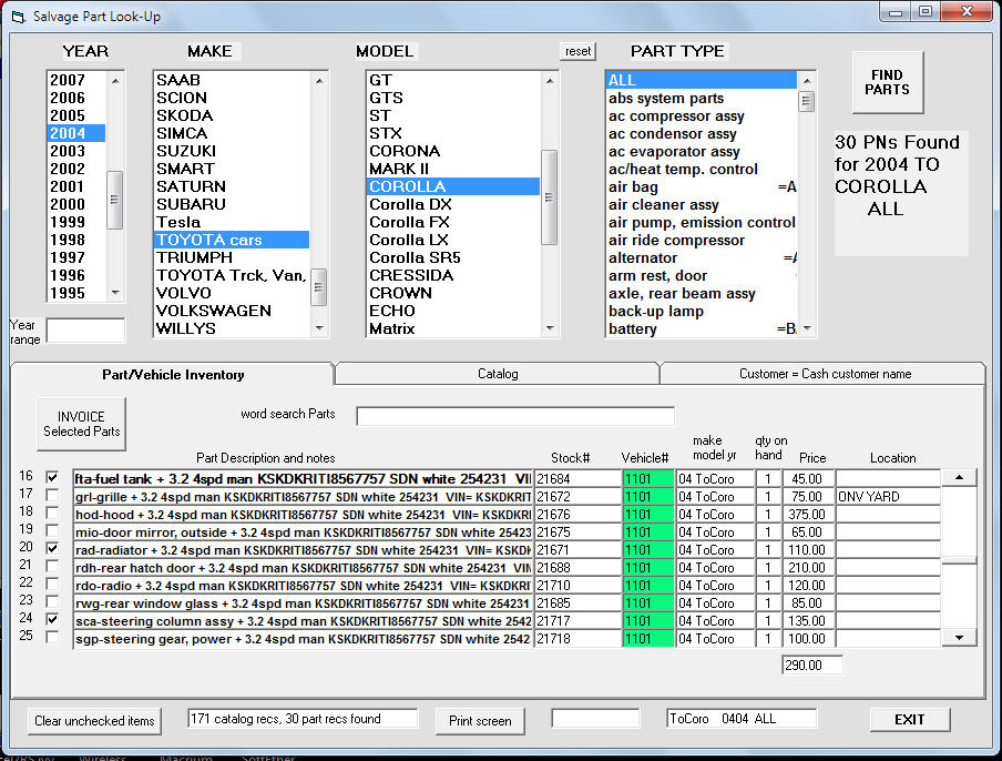 screen shot of salvage parts look-up by make model year