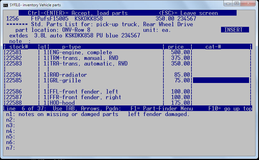 salvage vehicle parts break down edit screen